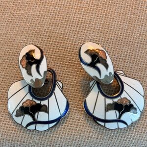 Vintage Cloisonné White and Black Enamel Earrings